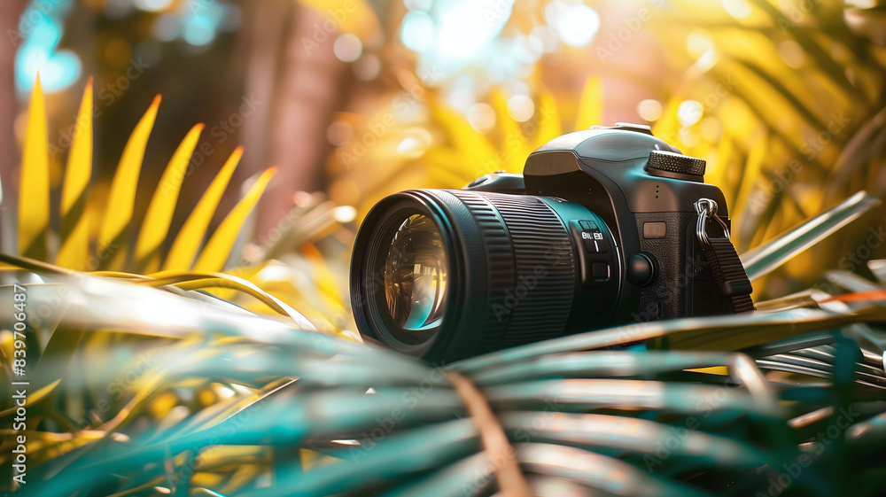 Closeup shot of vintage dslr camera, retro technology background, travel gear, copy space area,
