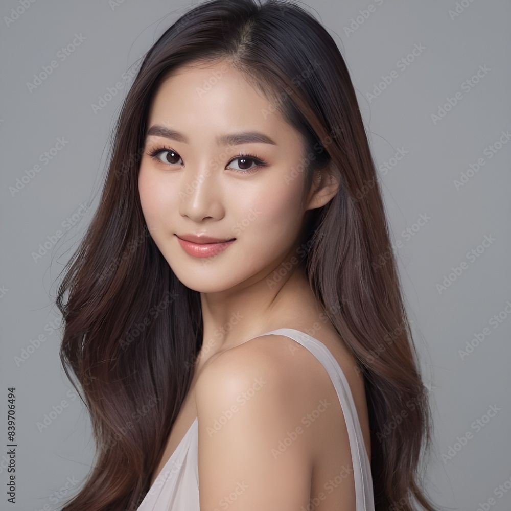 Pretty Asian beauty woman long hair with japanese makeup glowing face and healthy facial skin portrait smile on isolated light grey background Pretty Asian beauty woman long hair with japanese makeup glowing face and healthy facial skin portrait smile on isolated light grey background