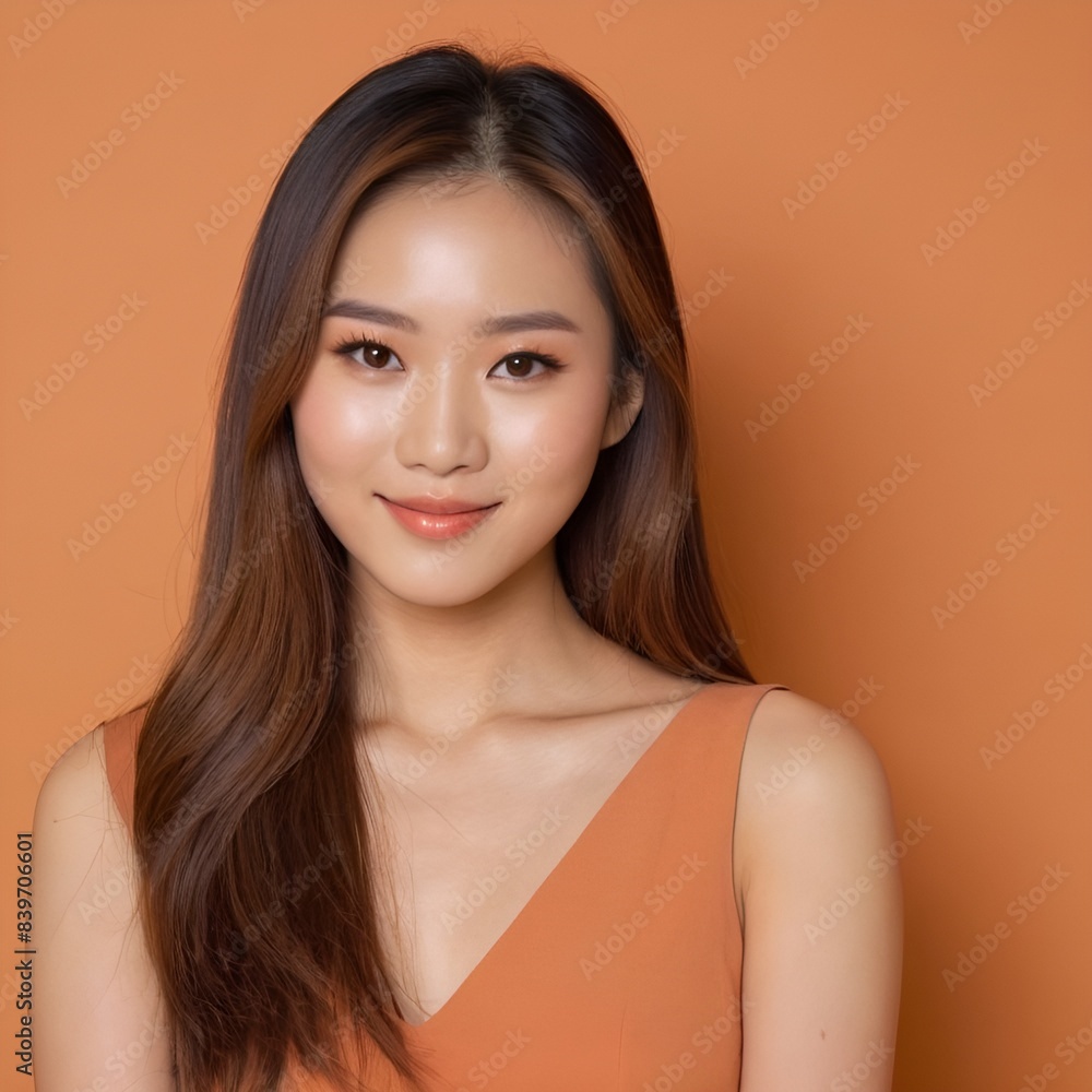 Pretty Asian beauty woman long hair with japanese makeup glowing face and healthy facial skin portrait smile on isolated light orange background Pretty Asian beauty woman long hair with japanese makeup glowing face and healthy facial skin portrait smile on isolated light orange background