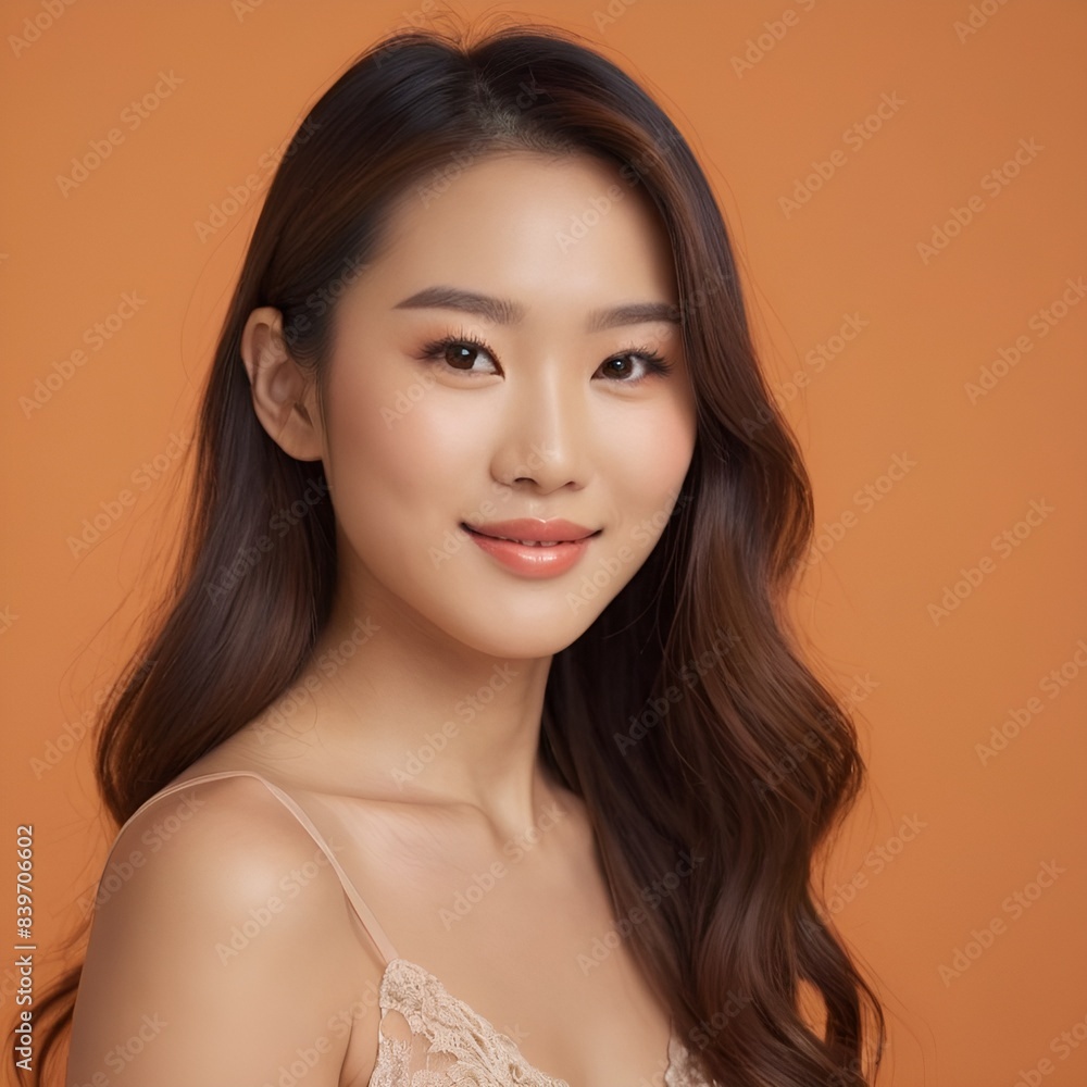 Pretty Asian beauty woman long hair with japanese makeup glowing face and healthy facial skin portrait smile on isolated light orange background Pretty Asian beauty woman long hair with japanese makeup glowing face and healthy facial skin portrait smile on isolated light orange background