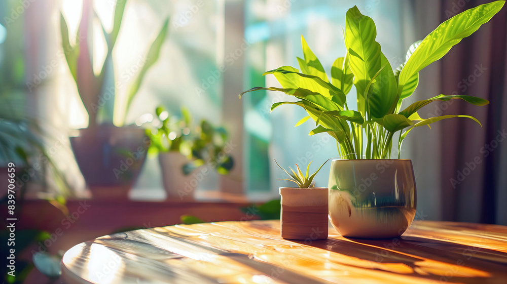 Fresh green house plant in the pot on table, nature and flora background, template, copy space area