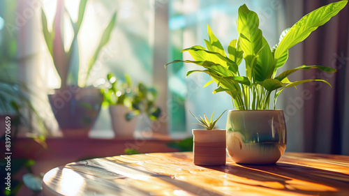 Obraz na płótnie Fresh green house plant in the pot on table, nature and flora background, template, copy space area w salonie