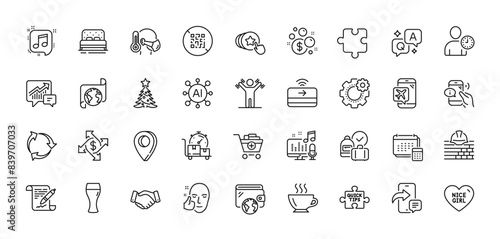 Puzzle, Translation service and Accounting line icons pack. AI, Question and Answer, Map pin icons. Sick man, Time management, Podcast web icon. Vector
