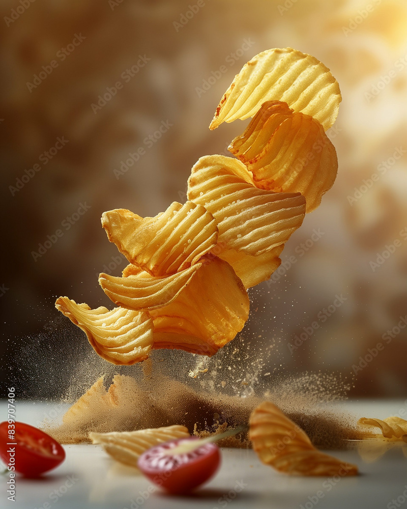 Potato chips in mid-air. Crunchy snack food with golden taste Potato chips in mid-air. Crunchy snack food with golden taste