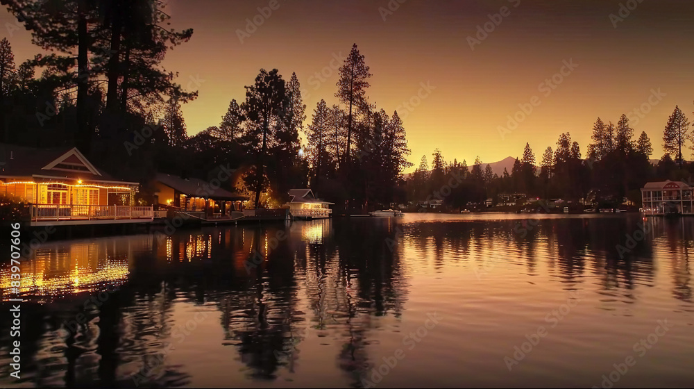 Obraz premium A house by a lake surrounded by trees