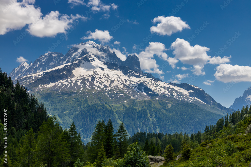 Obraz premium Tour du Montblanc beautiful mountain ladscapes of the Alps green valley, snow summit of Montblanc and rocky peaks of Aiguille du Midi in summer sunny weather blue sky, trekking and hiking in Chamonix
