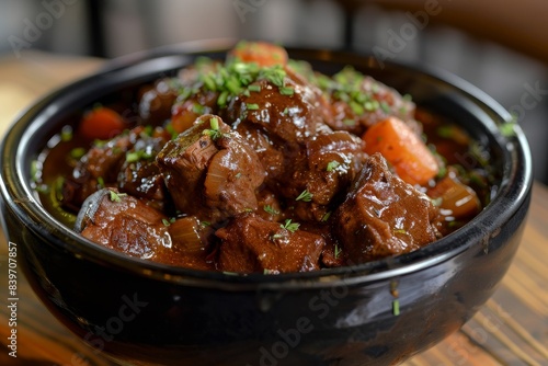 Beef Bourguignon Tender beef in red wine gravy with shallots and carrots served in black bowl
