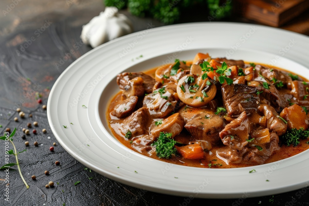 Beef goulash stroganoff on white plate with rustic background