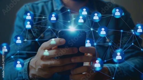 close up adult man hand hold smartphone to use affiliated marketing on web with virtual icon to announce campaign and promotion to social media network for referral partner program concept