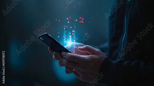 close up adult man hand hold smartphone to use affiliated marketing on web with virtual icon to announce campaign and promotion to social media network for referral partner program concept