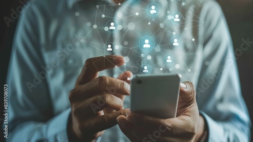 close up adult man hand hold smartphone to use affiliated marketing on web with virtual icon to announce campaign and promotion to social media network for referral partner program concept