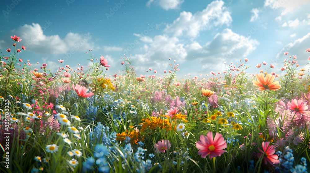 A serene nature grassland scene with wildflowers blooming among the grasses, the sky clear and blue above A serene nature grassland scene with wildflowers blooming among the grasses, the sky clear and blue above