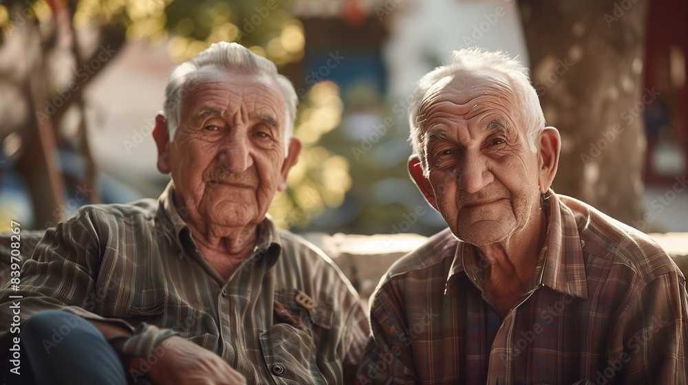 Smiling warmly into the camera, older men share a joyful moment of friendship and shared history. Smiling warmly into the camera, older men share a joyful moment of friendship and shared history.