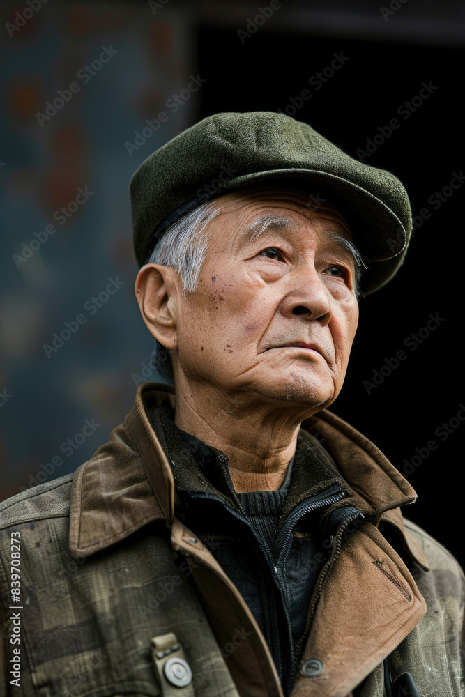 A close-up portrait of an elderly man wearing a green cap, looking upwards with a contemplative expression. He is wearing a brown jacket and stands in a rural environment A close-up portrait of an elderly man wearing a green cap, looking upwards with a contemplative expression. He is wearing a brown jacket and stands in a rural environment