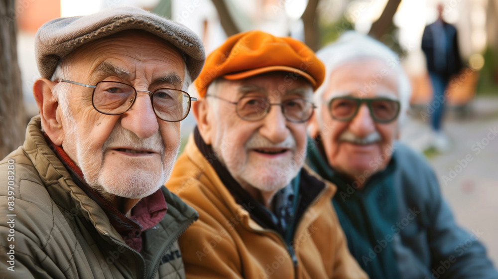Smiling warmly into the camera, older men share a joyful moment of friendship and shared history. Smiling warmly into the camera, older men share a joyful moment of friendship and shared history.