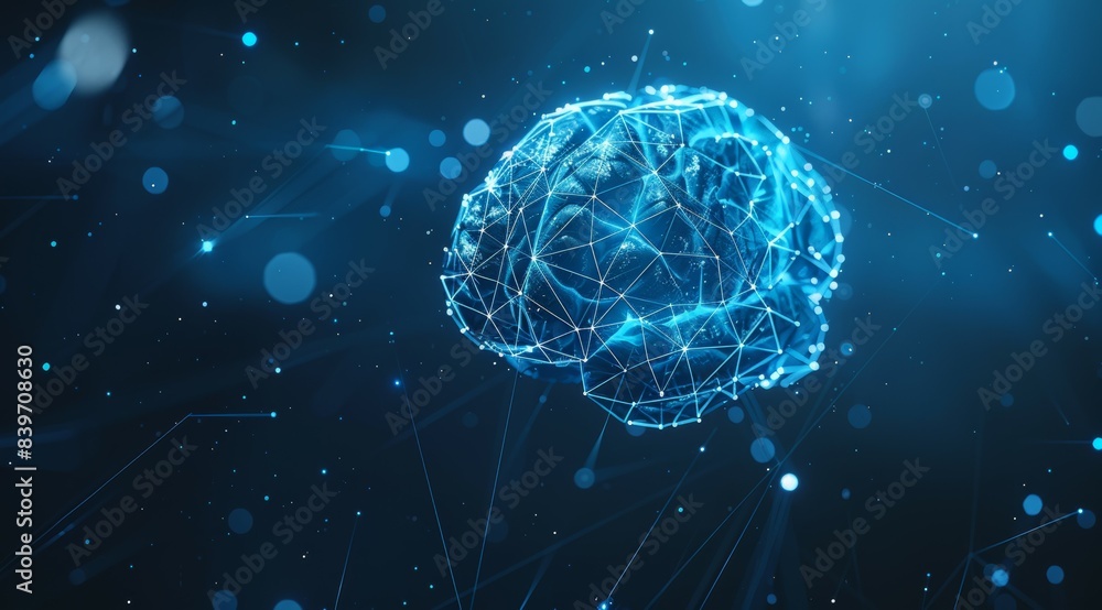 A brain is shown in a blue background with a lot of lines and dots A brain is shown in a blue background with a lot of lines and dots