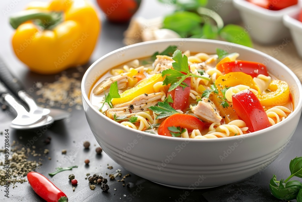 Chicken soup with bell peppers on table Chicken soup with bell peppers on table