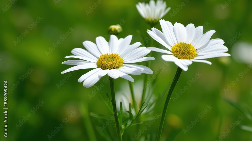 Two bright white daisies with yellow centers stand out in a vibrant green garden, showcasing nature's simplistic beauty