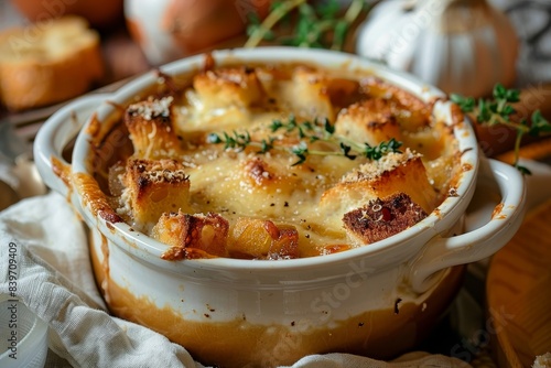 Classic French onion soup with cheese croutons and fresh thyme close up