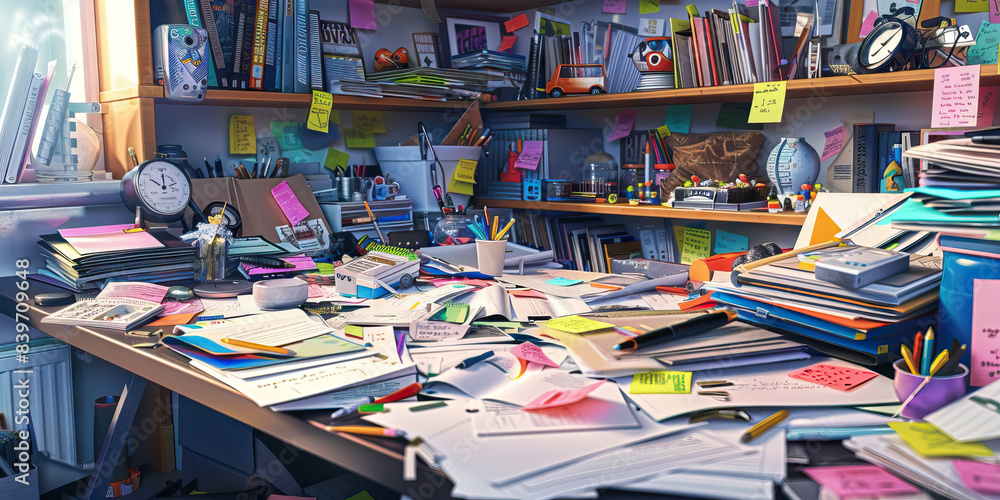 Organized Chaos: A messy desk covered in papers, notes, and various knickknacks, reflecting an artist's creative process. Organized Chaos: A messy desk covered in papers, notes, and various knickknacks, reflecting an artist's creative process.