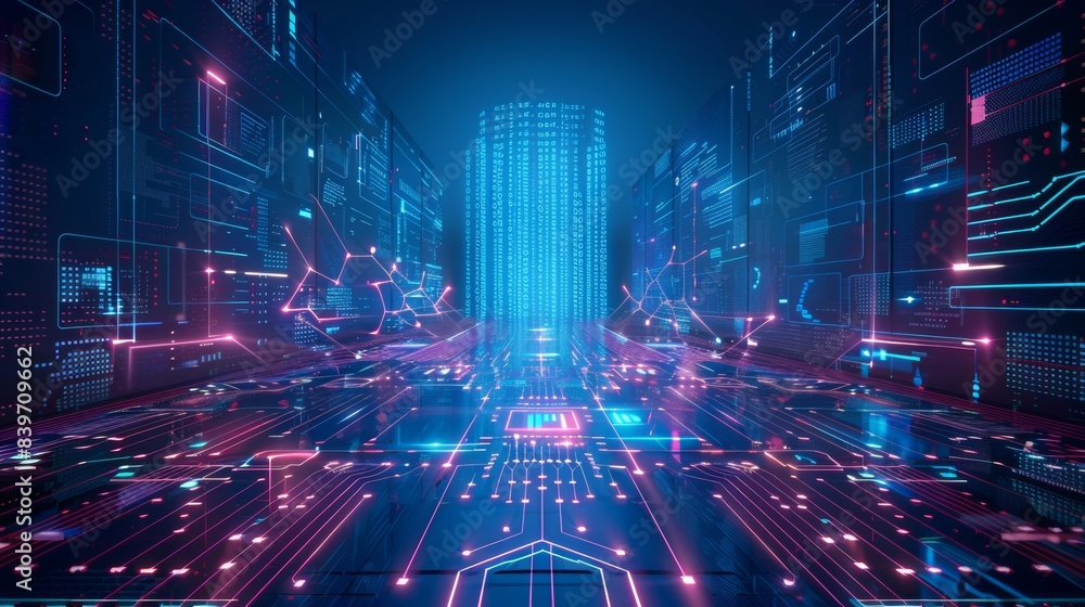 Obraz premium Poster brochure cover banner presentation layout template, technology digital futuristic internet network connection blue background, abstract cyber future tech communication, Ai big data science 3d 