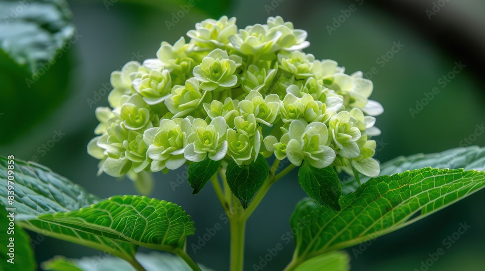 This image showcases a close-up of a lush, green hydrangea bloom with intricate flower details set against a blurred background This image showcases a close-up of a lush, green hydrangea bloom with intricate flower details set against a blurred background