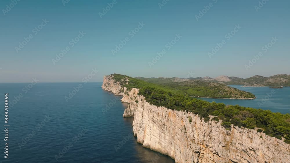 Panoramic drone view of Telascica Nature Park with Dugi Otok island and Mir lake. Kornati archipelago, Adriatic sea, Croatia Panoramic drone view of Telascica Nature Park with Dugi Otok island and Mir lake. Kornati archipelago, Adriatic sea, Croatia