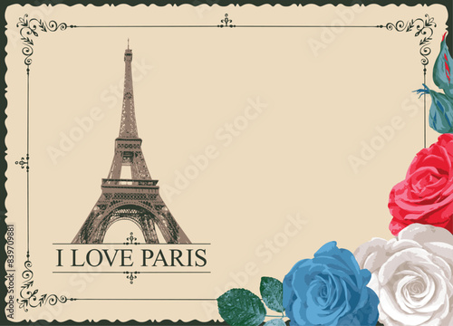 Retro postcard with Eiffel tower in Paris, France. Romantic vector postcard in vintage style with color france flag roses and words I love Paris on background of old paper