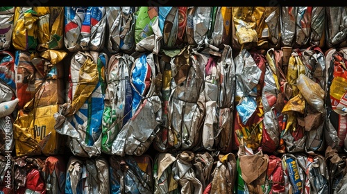 A pile of trash is stacked in a recycling bin, plastic recycling concept