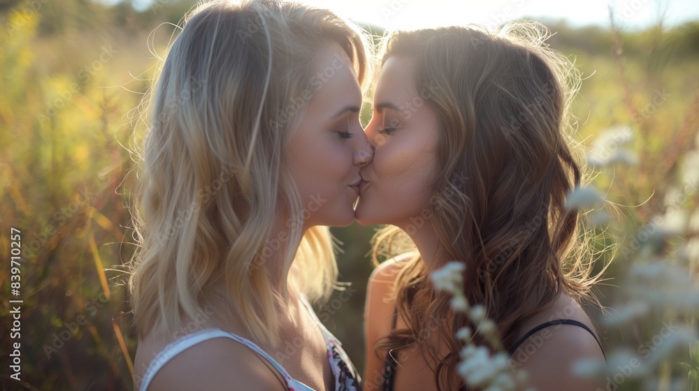 Fototapeta premium Lesbian partners sharing a kiss at sunset, perfect for LGBTQ themes, commercial photography, and romantic moments, emphasizing love, intimacy, and equality