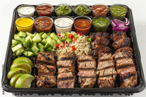 Assorted grilled meats and vegetables in a meal platter, showcasing a delicious and varied meal option