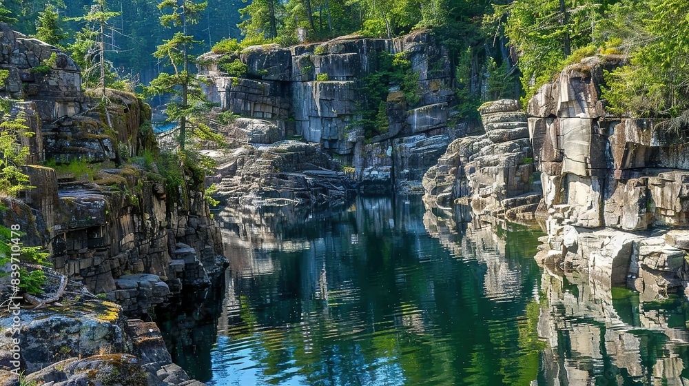 A body of water encircled by massive rocks and enveloped by a dense forest beyond its shores A body of water encircled by massive rocks and enveloped by a dense forest beyond its shores