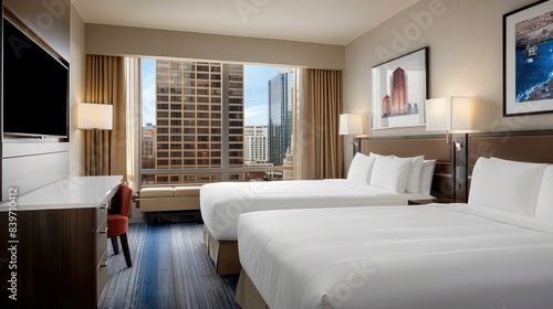 A well-lit hotel room featuring two beds, a work desk, and a large window with an urban skyline view