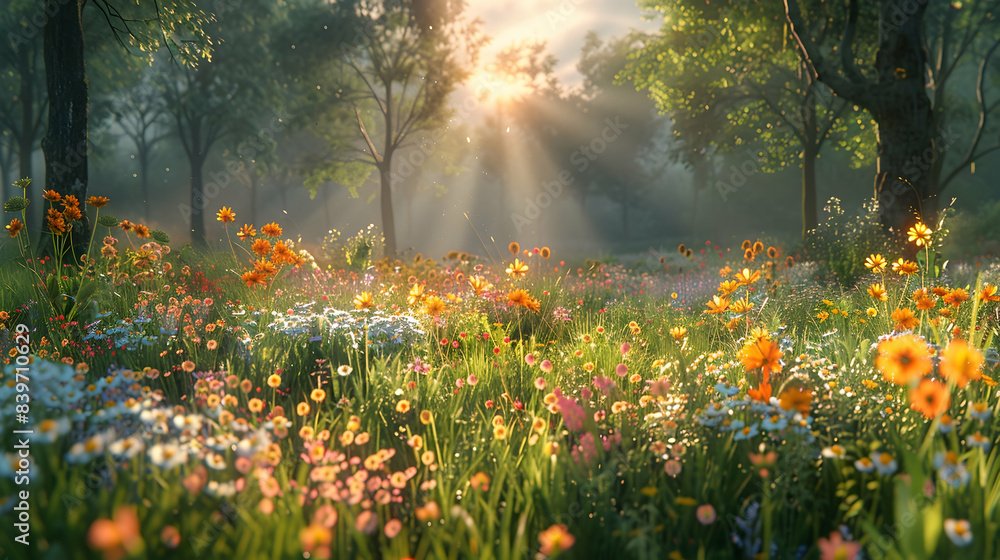 Obraz premium A serene nature meadow with tall grasses and wildflowers swaying in the breeze, the sunlight creating a warm and inviting atmosphere