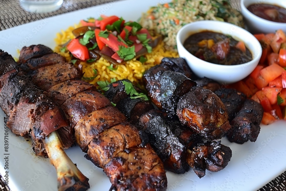 Grilled meat and vegetable platter with rice, showcasing a delicious and hearty meal Grilled meat and vegetable platter with rice, showcasing a delicious and hearty meal