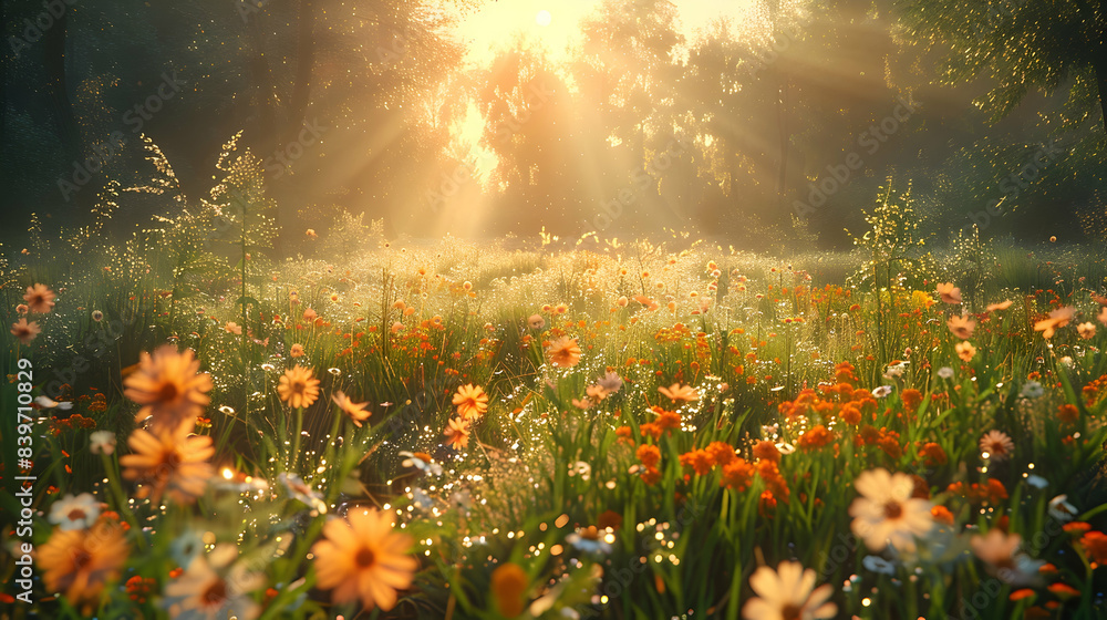 A serene nature meadow with tall grasses and wildflowers swaying in the breeze, the sunlight creating a warm and inviting atmosphere A serene nature meadow with tall grasses and wildflowers swaying in the breeze, the sunlight creating a warm and inviting atmosphere