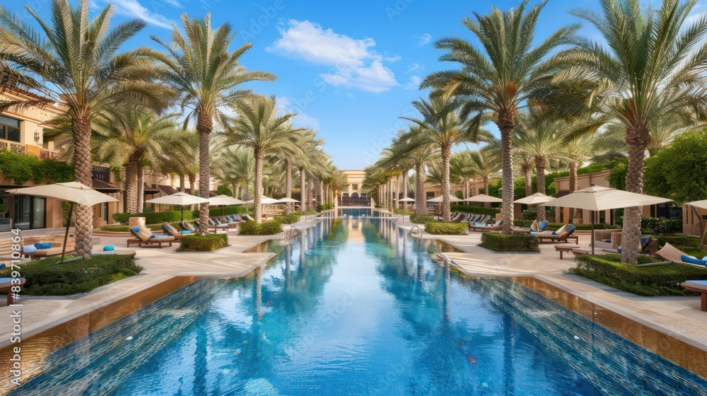 A serene luxury resort swimming pool lined with palm trees leading up to an elegant building under a clear sky A serene luxury resort swimming pool lined with palm trees leading up to an elegant building under a clear sky