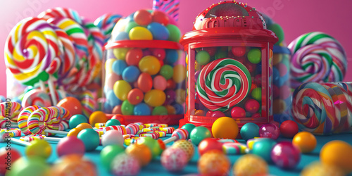 Candy Land Creative Haven: A desk covered in a colorful array of candy and sweet treats, surrounded by lollipops and gumball machines.