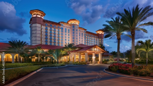 The image showcases the grand entrance of a luxury hotel with illuminated windows at twilight, highlighting its elegant architecture and lush landscaping