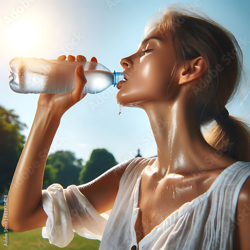 une femme buvant de l'eau sous le soleil par une chaleur excessive, extrême. photo