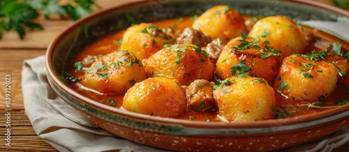 Homemade traditional Polish potato dumplings kopytka served with meat stew close-up in a plate on the table. photo