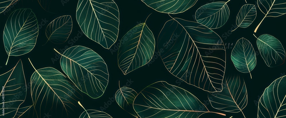 Line art of leaves pattern, dark green background, seamless pattern Line art of leaves pattern, dark green background, seamless pattern