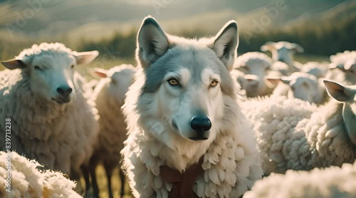 A lone wolf is camouflaged within a flock of sheep footage. illustrating the proverbial concept of a wolf in sheep's clothing
