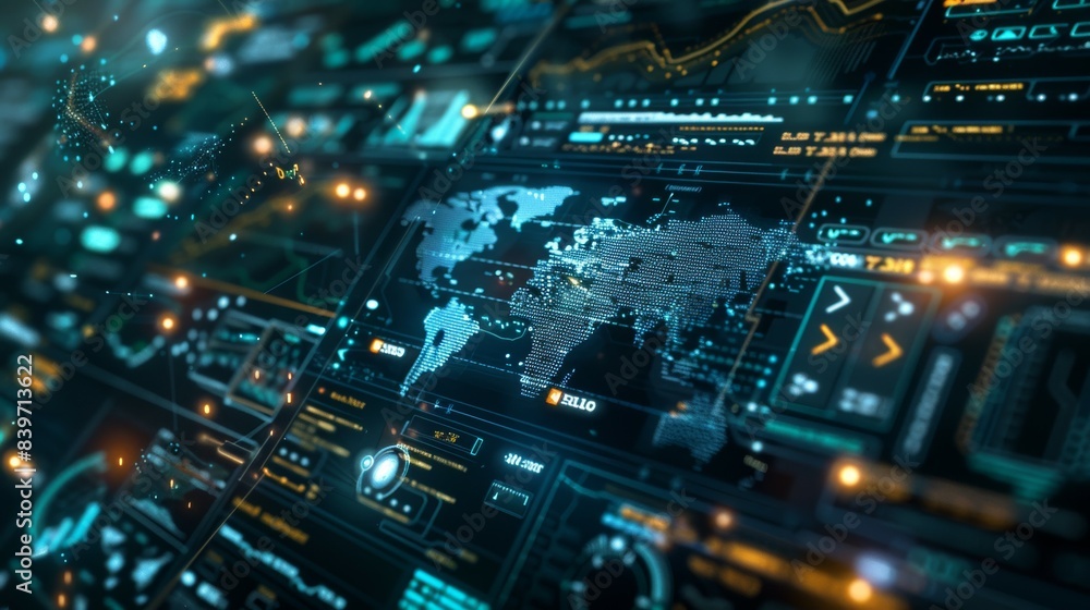 A computer screen displays a map of the world with many different colored dots, military headquarters or command post A computer screen displays a map of the world with many different colored dots, military headquarters or command post