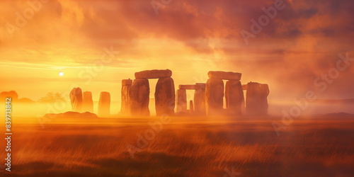 ancient stone, megaliths, dolmens, obelisks, menhirs  In a mystical atmosphere Among the misty sunrises _049 photo