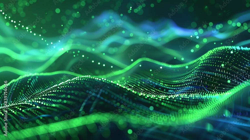 A sound wave pattern element emerges with vibrant green and blue digital curves, illustrating the dynamic and colorful nature of audio representation in digital environments A sound wave pattern element emerges with vibrant green and blue digital curves, illustrating the dynamic and colorful nature of audio representation in digital environments