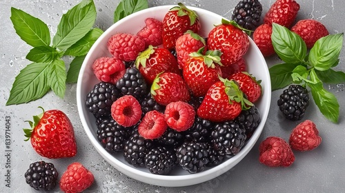   A bowl of mixed berries  featuring raspberries and blackberries  rests atop a green leaf-covered surface The scene is set against a gray background  with water drople
