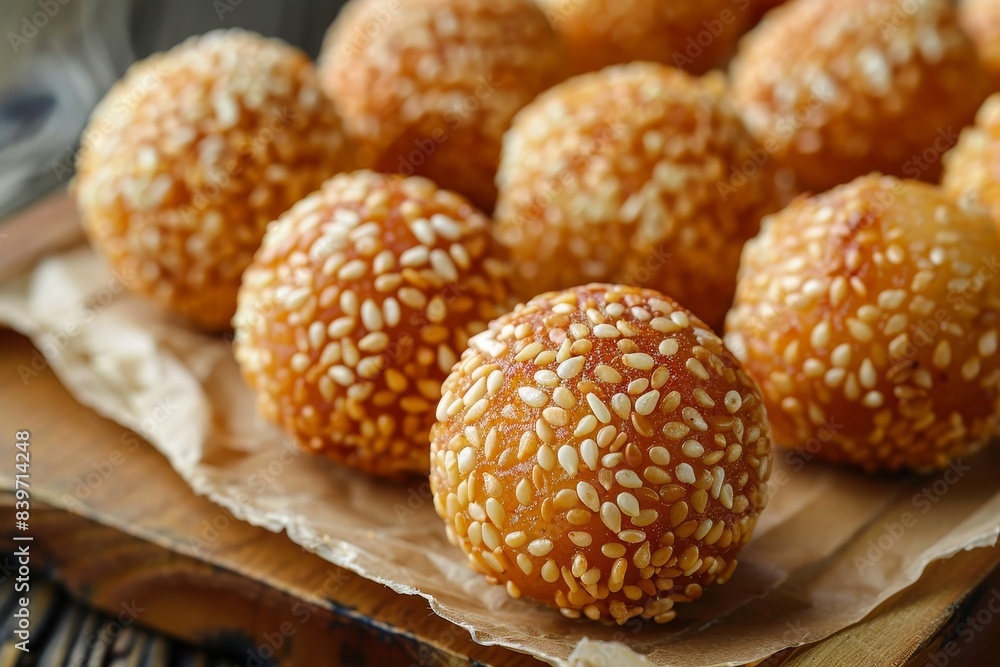 Deep fried dessert spheres coated in sesame seeds Deep fried dessert spheres coated in sesame seeds