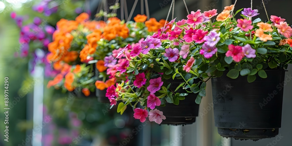 Fototapeta premium Potted Flowers Hanging on a Condo Balcony A Realistic Photo. Concept Floral Balcony, Urban Gardening, Lifestyle Photography, Condo Living, Outdoor Decor