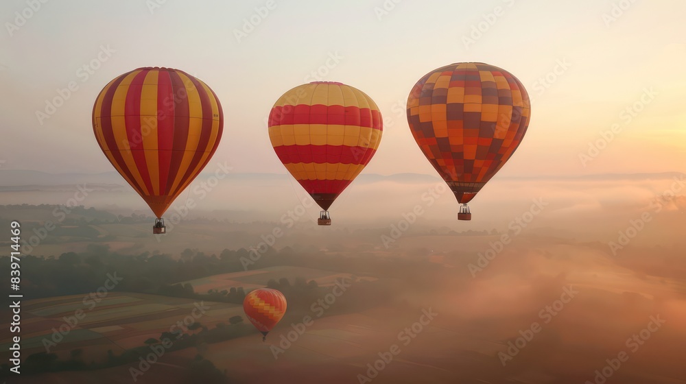 Fototapeta Serene view of hot air balloons ascending at dawn with mist over the pastoral landscape offering a sense of adventure and tranquility